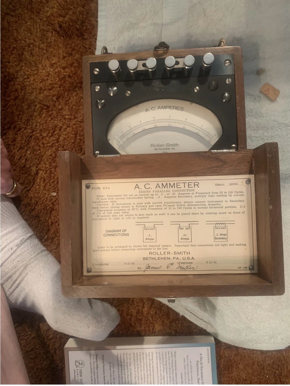 Vintage A.C. Ammeter in Wood Case - Brown